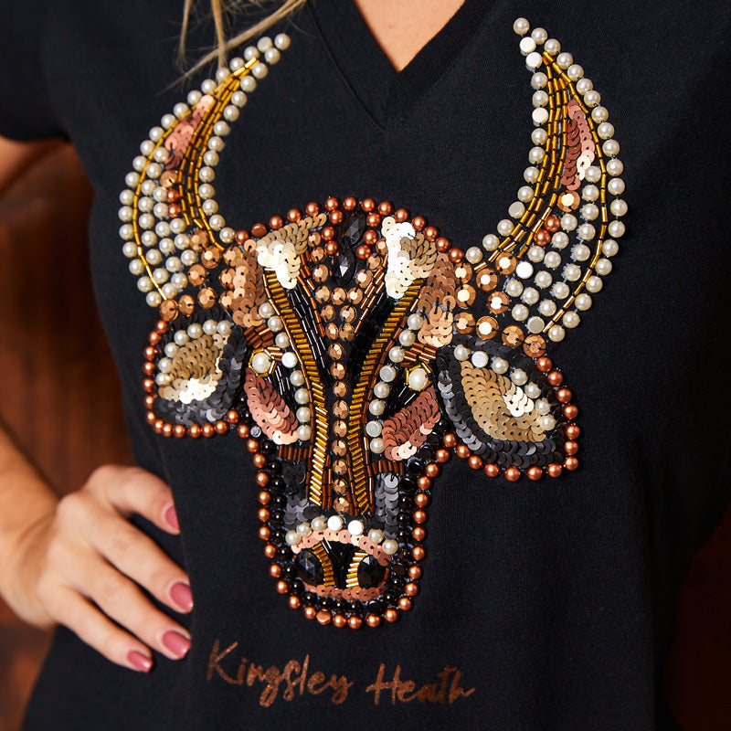 Beaded Luxe Skull Slim V-Neck Tee Mamba