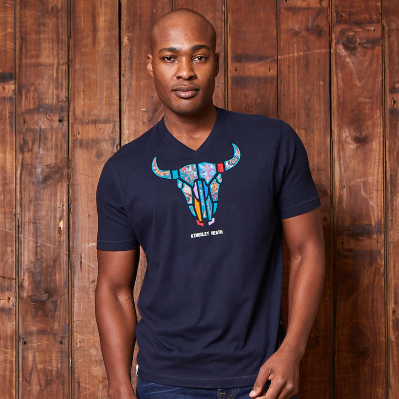 Basotho Applique Skull V-Neck Tee Midnight
