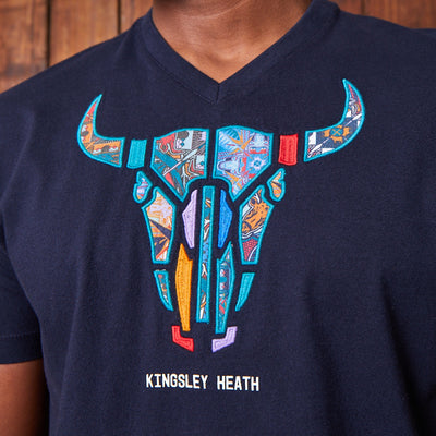 Basotho Applique Skull V-Neck Tee Midnight