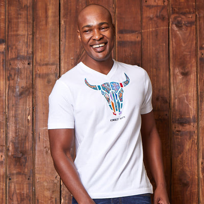 Basotho Applique Skull V-Neck Tee Pelican