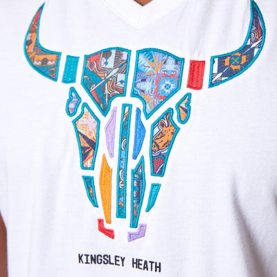 Basotho Applique Skull V-Neck Tee Pelican