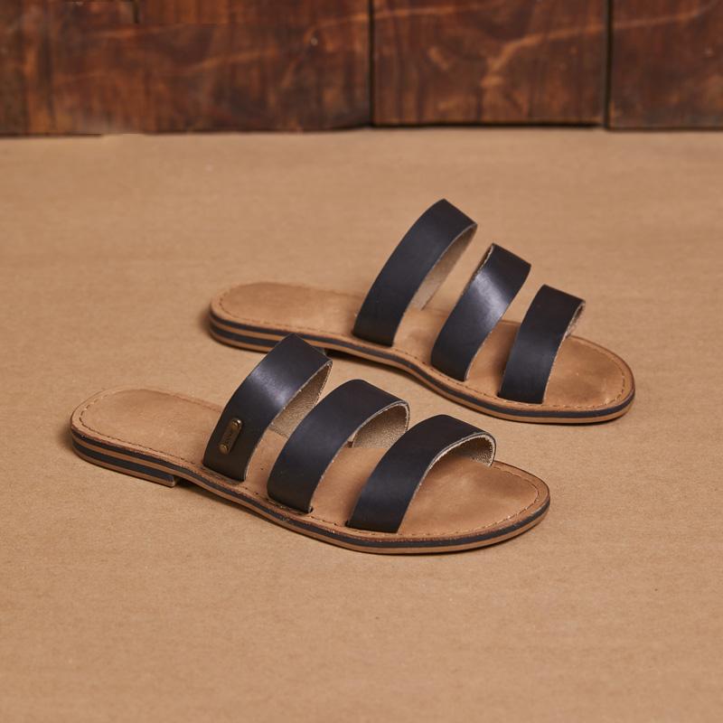 Kingsley Heath 3 Strap Mule Sandal Black/Brass/Tan